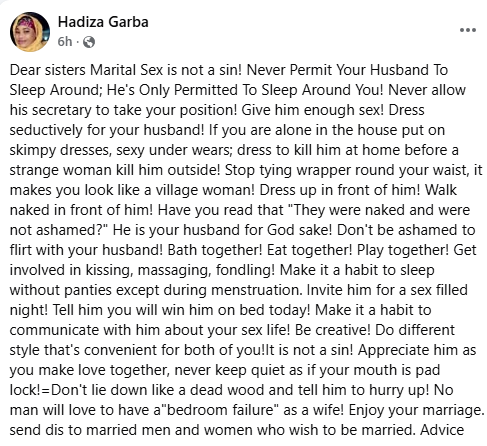 Nigerian woman advises wives on how to keep husbands sexually satisfied